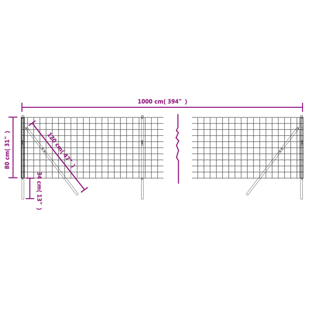 vidaXL Wire Mesh Fence 0.8x10 m Galvanized Steel Green