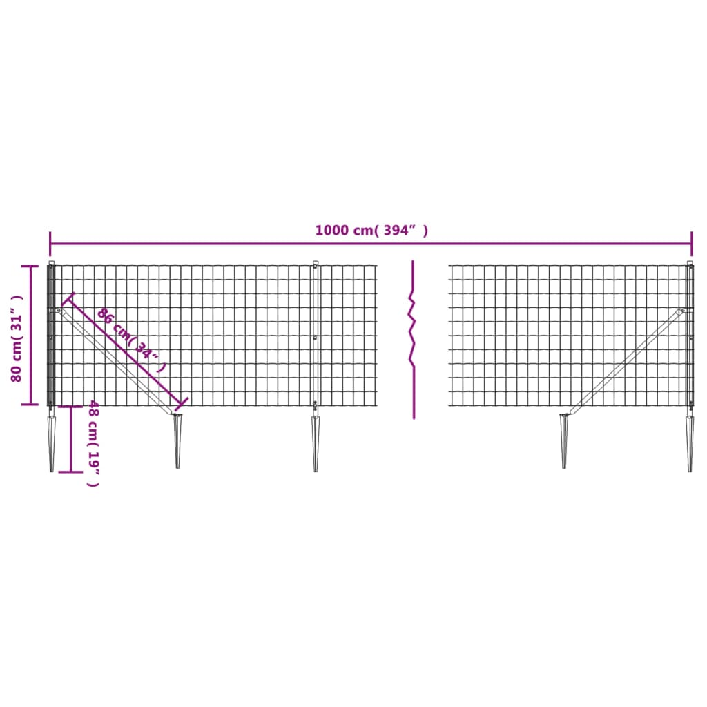 vidaXL Wire Mesh Fence with Ground Anchors 0.8x10 m Green