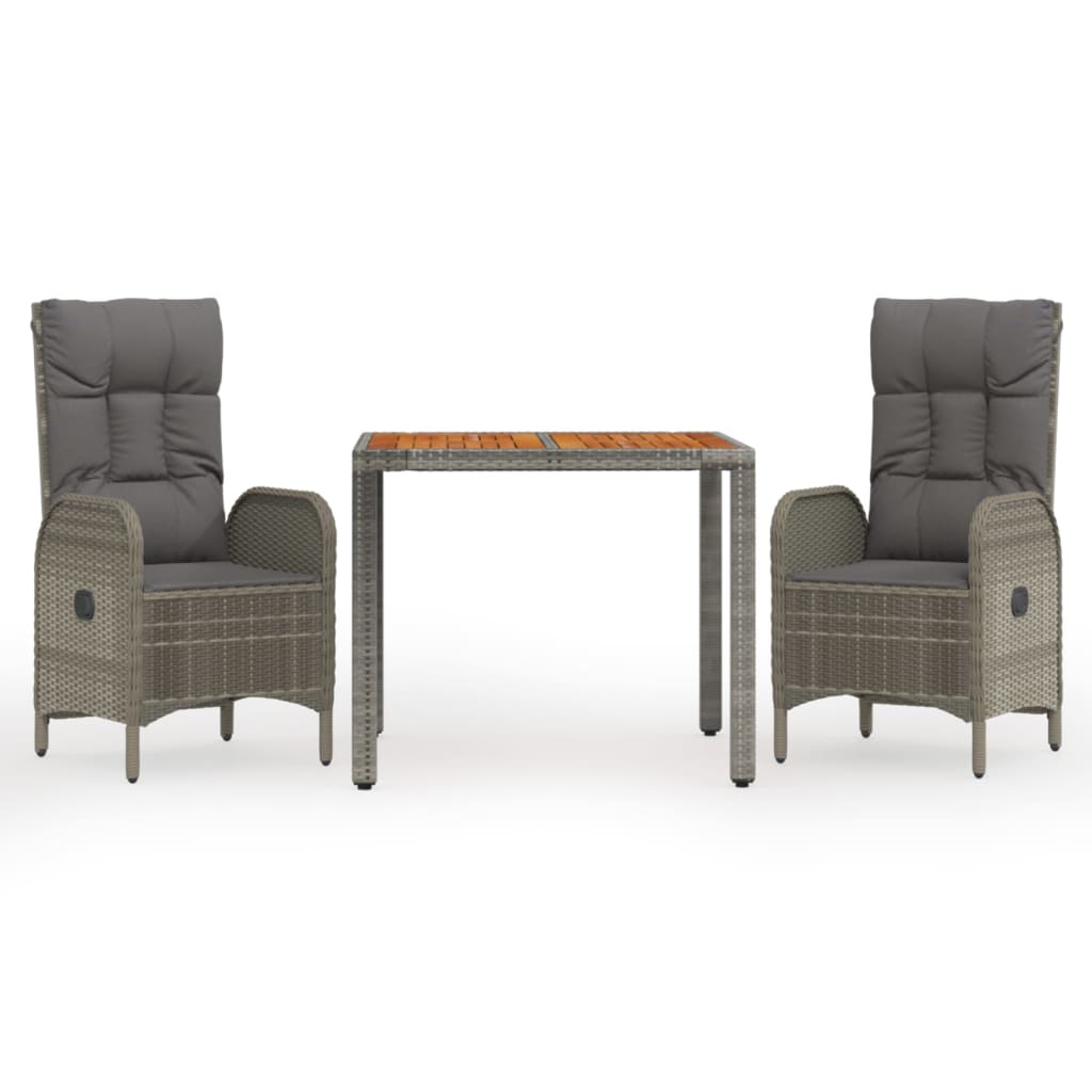 vidaXL 3-delige Tuinset met kussens poly rattan grijs