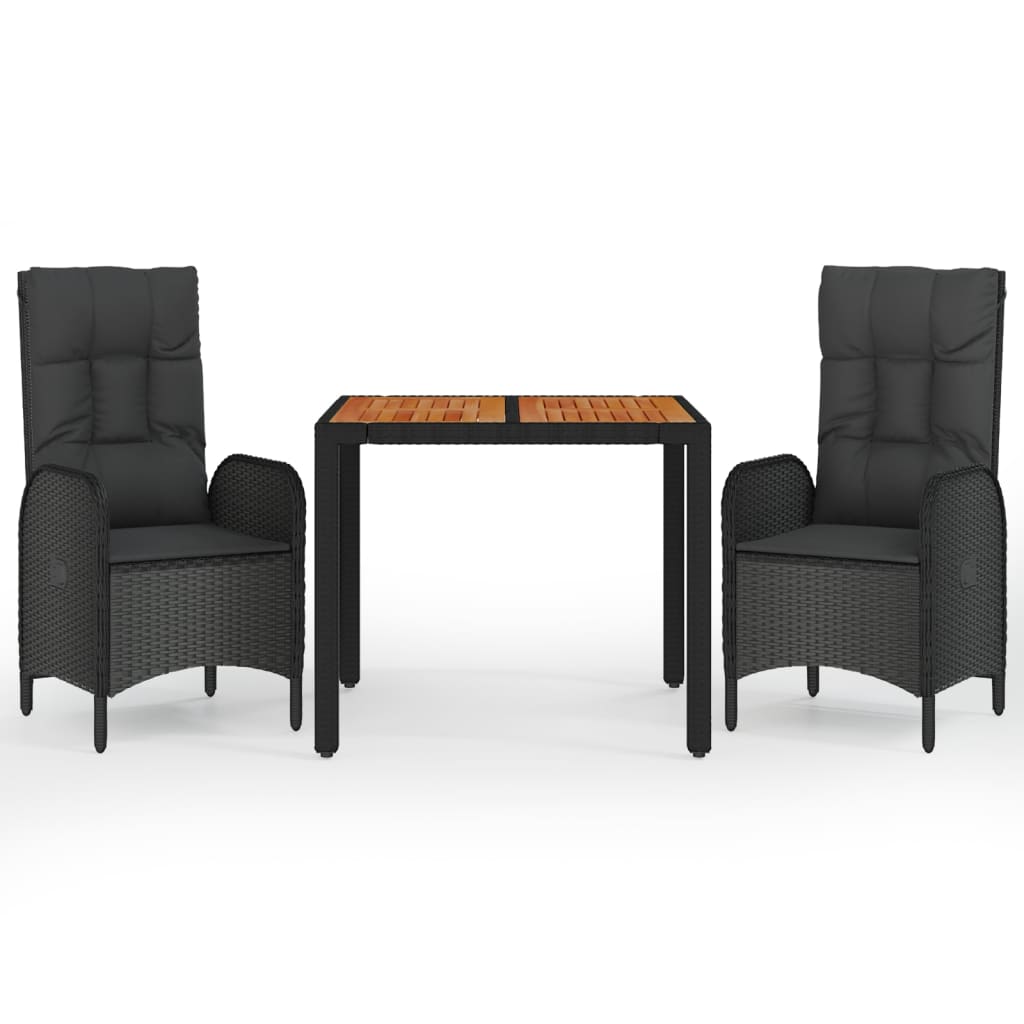 vidaXL 3-delige Tuinset met kussens poly rattan zwart