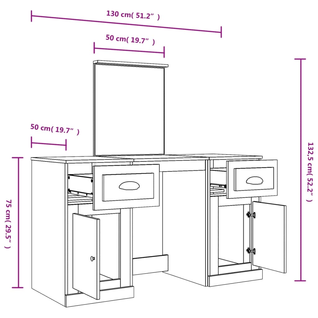 vidaXL Kaptafel met spiegel 130x50x132,5 cm wit