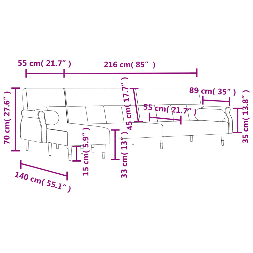 vidaXL Slaapbank L-vormig 271x140x70 cm fluweel lichtgrijs