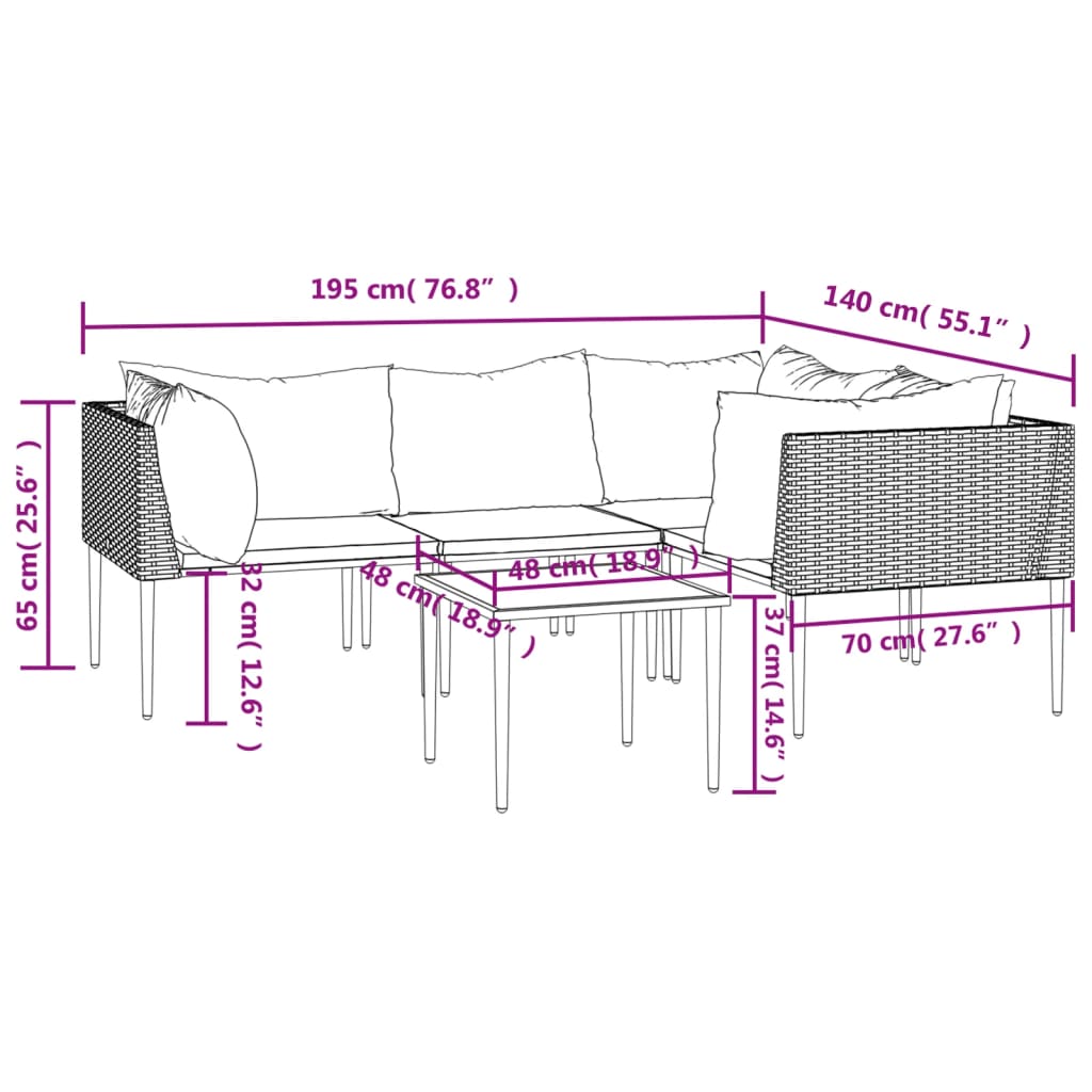 vidaXL 5-delige Loungeset met kussens poly rattan grijs