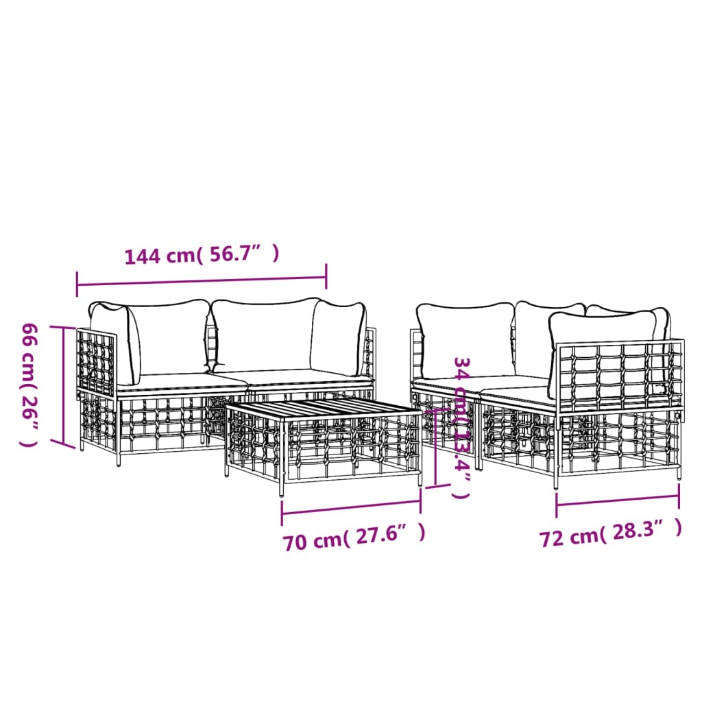 vidaXL 5-delige Loungeset met kussens poly rattan antracietkleurig