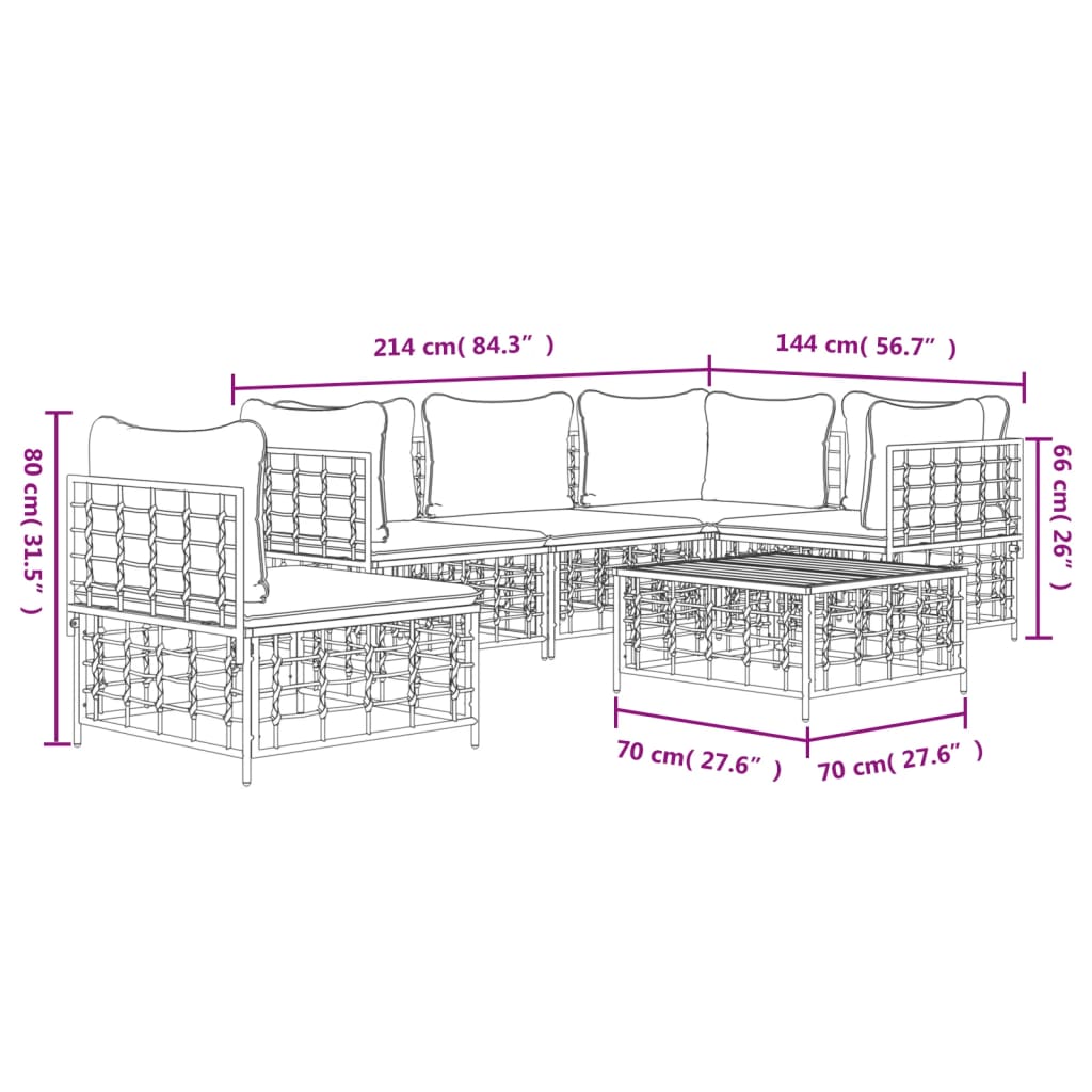 vidaXL 6-delige Loungeset met kussens poly rattan antracietkleurig