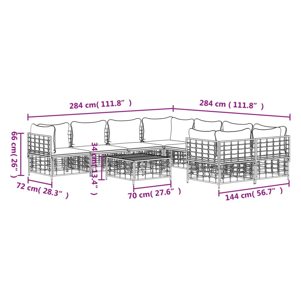 vidaXL 9-delige Loungeset met kussens poly rattan antracietkleurig
