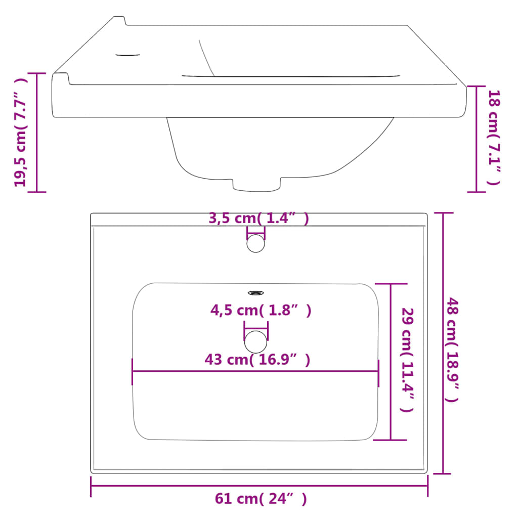 vidaXL Rectangular Wash Basin 61x48x19.5 cm Ceramic White
