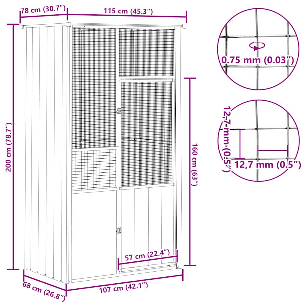 vidaXL Aviary 115x78x200 cm Galvanized Steel Anthracite