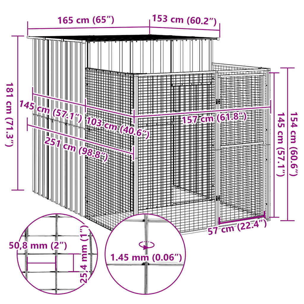 vidaXL Hondenhok met ren 165x251x181 cm gegalvaniseerd staal antraciet
