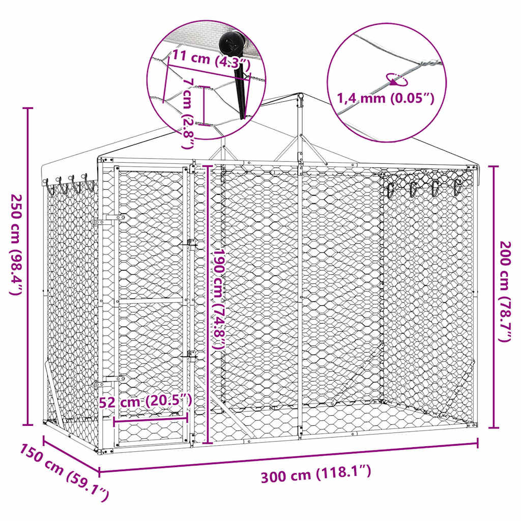 vidaXL Dog Kennel with Roof 3x1.5x2.5 m Galvanized Steel Silver