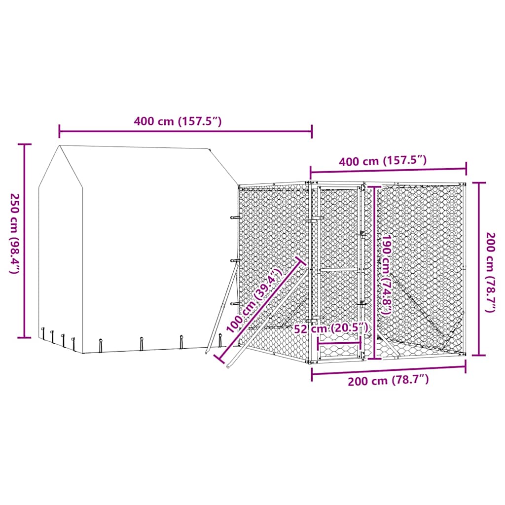 vidaXL Dog Kennel with Roof 4x4x2.5 m Galvanized Steel Silver