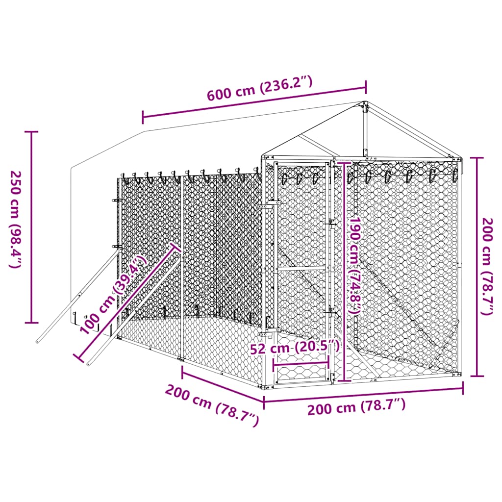 vidaXL Hondenkennel met dak 2x6x2,5 m gegalvaniseerd staal zilverkleur