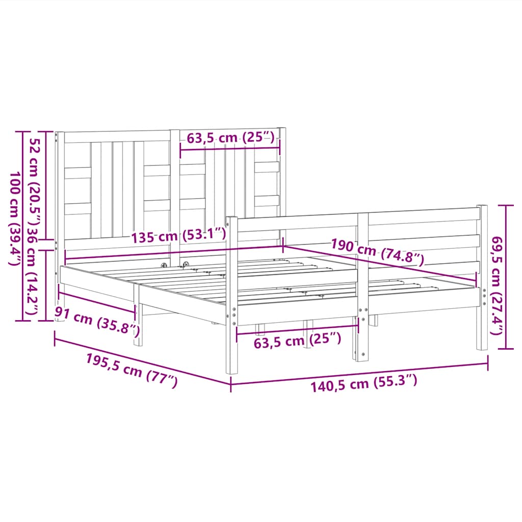 vidaXL Bedframe met hoofdbord massief hout