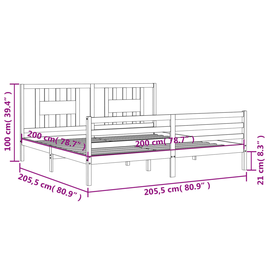 vidaXL Bed Frame with Headboard Solid Wood Grey 200x200 cm