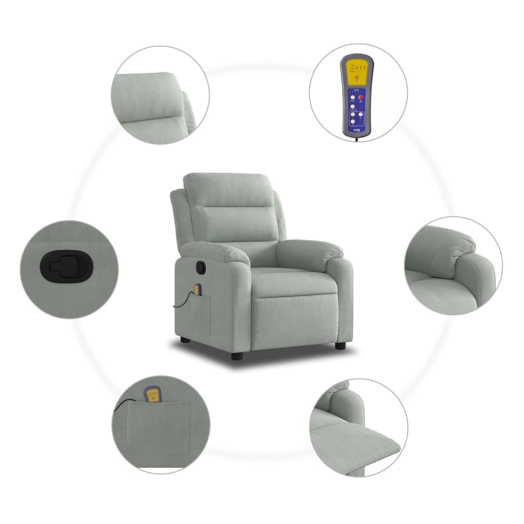 vidaXL Massagestoel lichtgrijs fluweel
