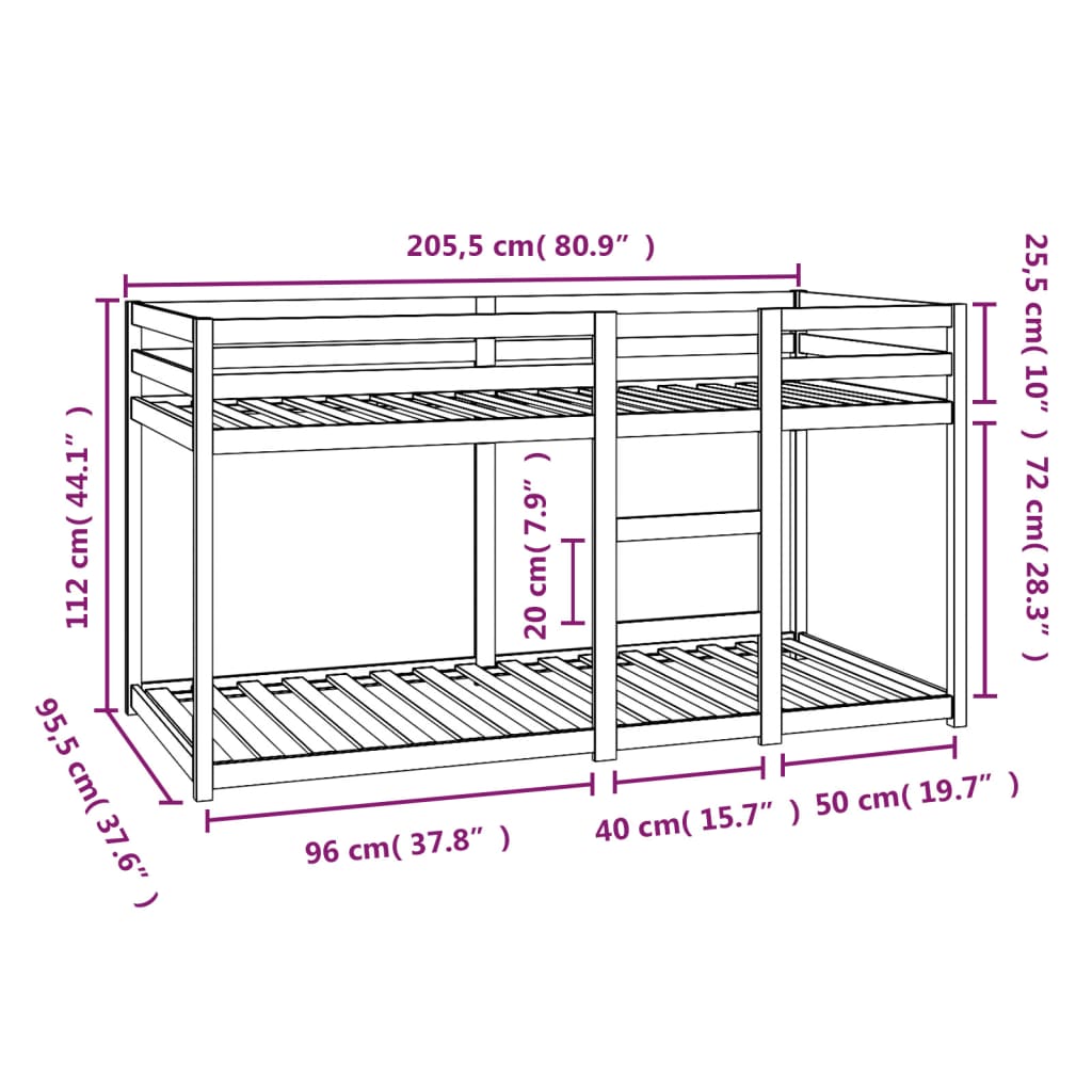 vidaXL Bunk Bed Frame without Mattress Solid Pine Wood 90x200 cm