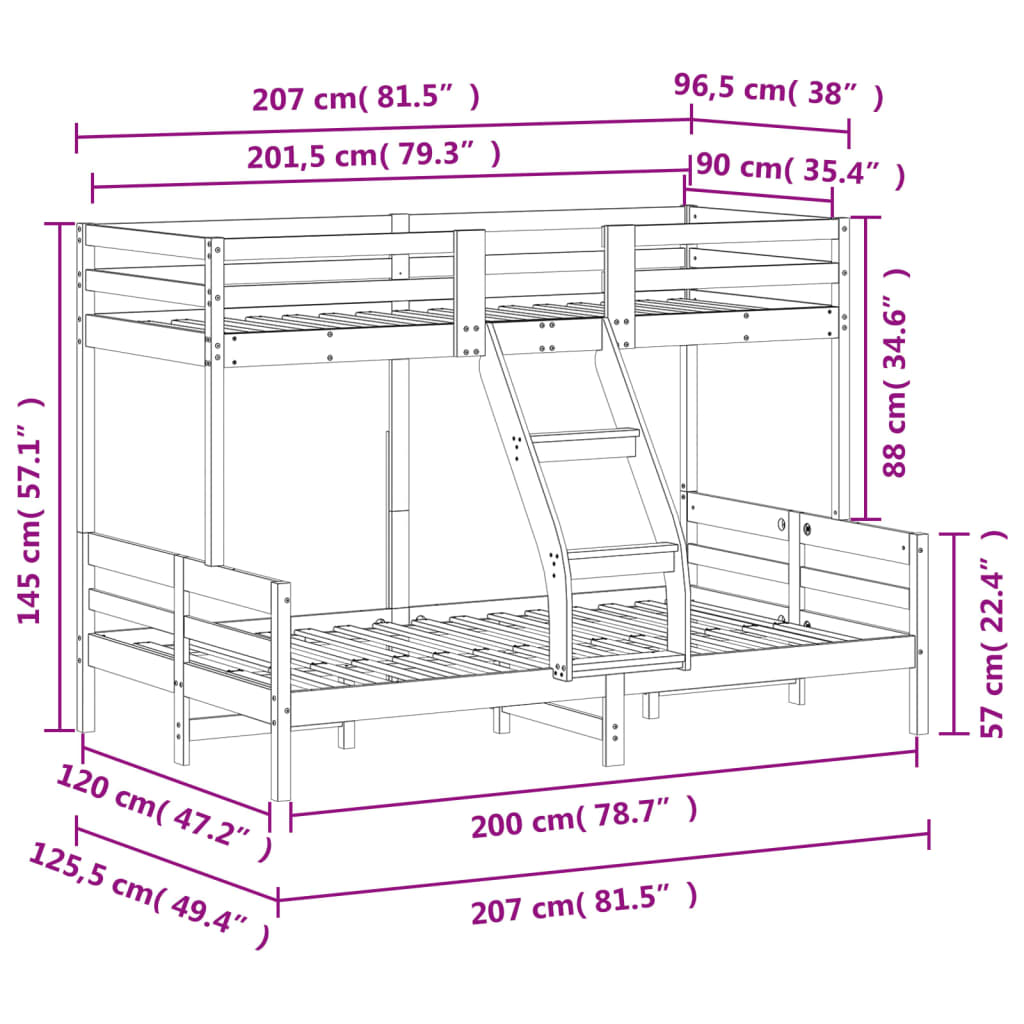vidaXL Stapelbed massief grenenhout 90x200/120x200 cm