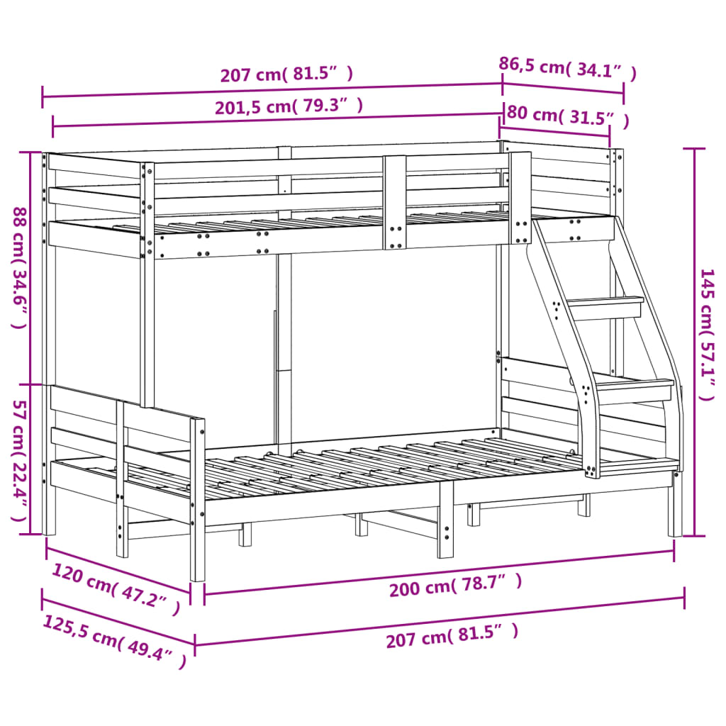 vidaXL Solid Pine Wood Bunk Bed 80x200/120x200 cm