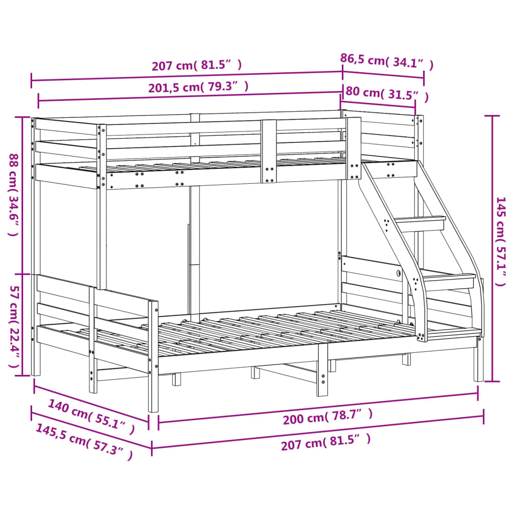vidaXL Solid Pine Wood Bunk Bed 80x200/140x200 cm
