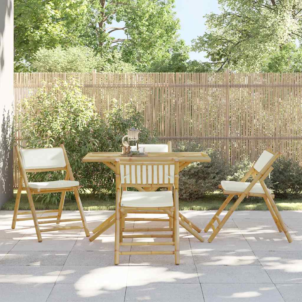 vidaXL 5-delige Bistroset inklapbaar met kussens bamboe crèmewit