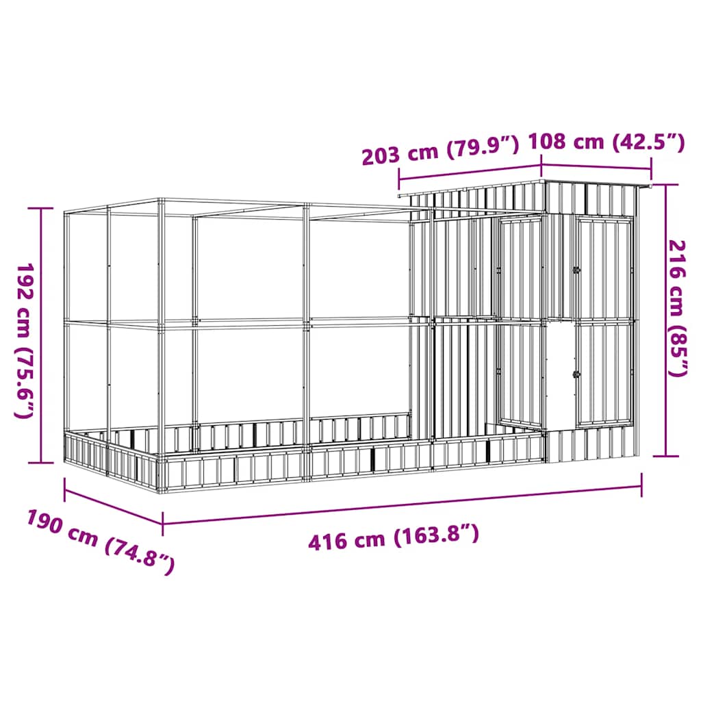 vidaXL Volière met verlengstuk zilver 416x203x216 cm staal