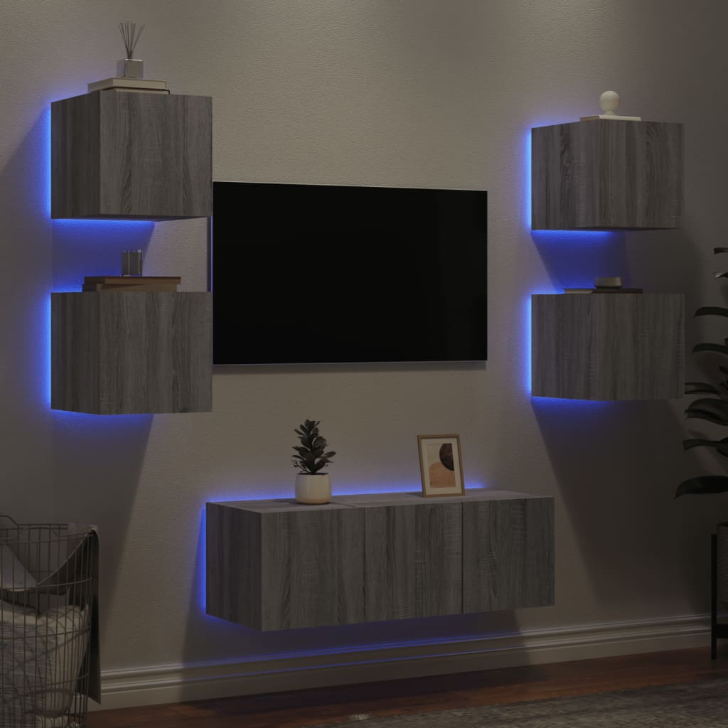 vidaXL 6-delige Tv-wandmeubelset met LED grijs sonoma eikenkleurig