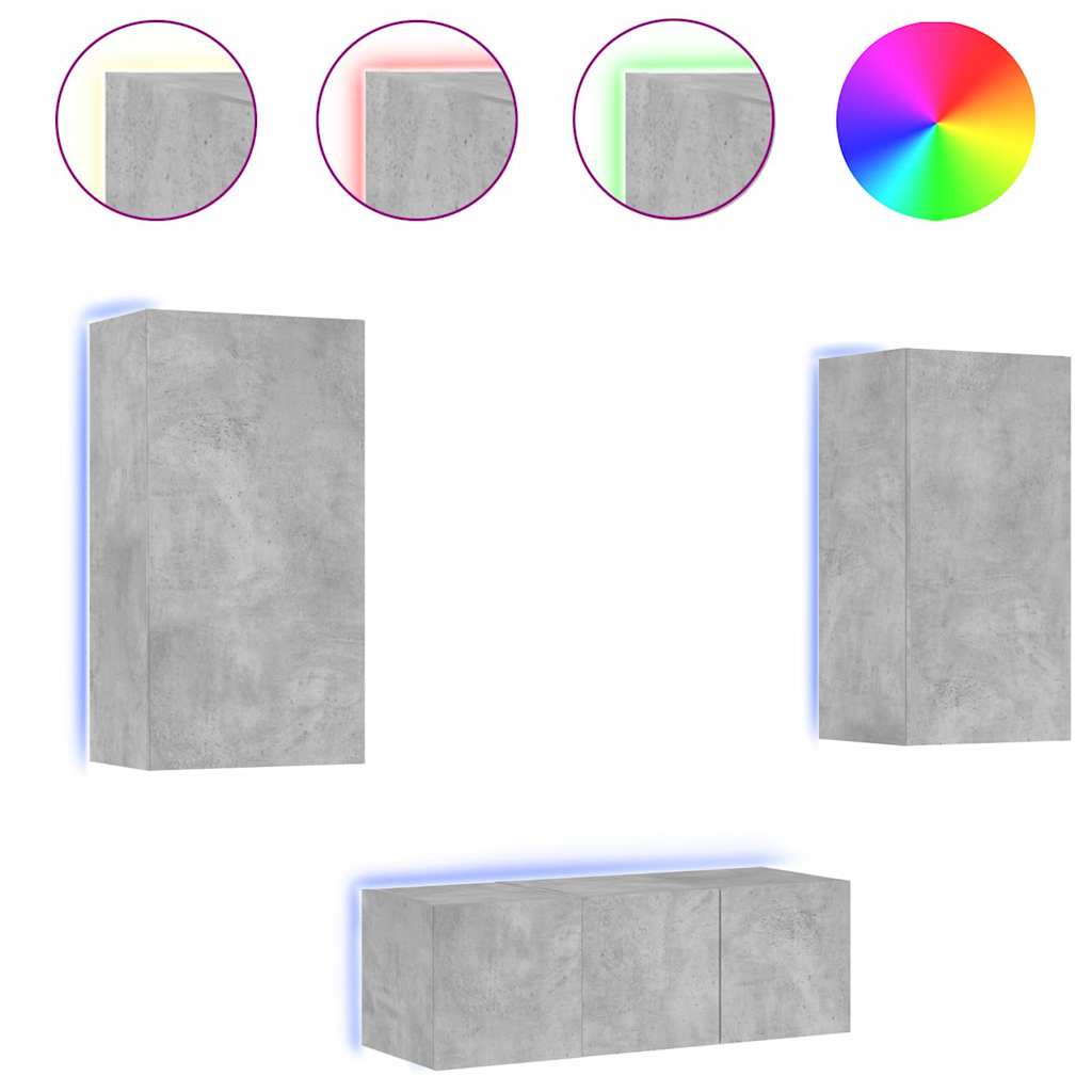 vidaXL 4-delige Tv-wandmeubelset met LED bewerkt hout betongrijs