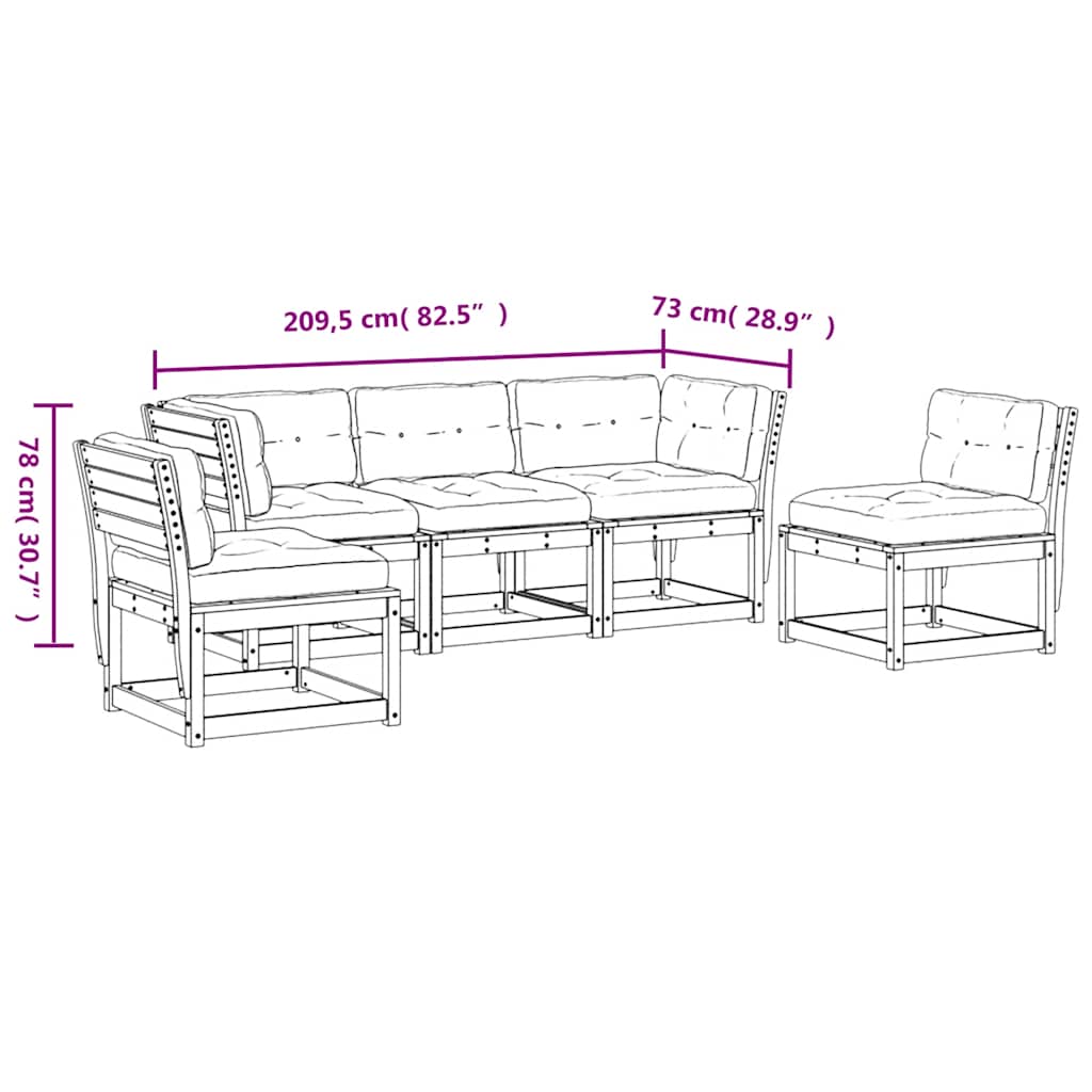 vidaXL 5-delige Loungeset met kussens massief grenenhout