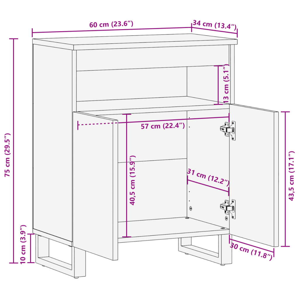 vidaXL Dressoir 60x34x75 cm massief mangohout bruin