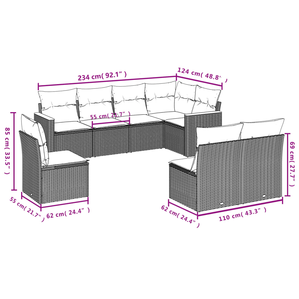 vidaXL 8-delige tuinbankset met kussens, zwart polyrotan