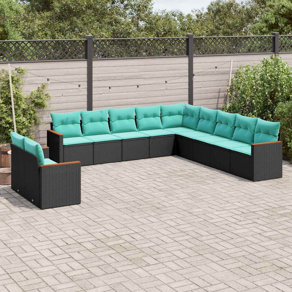 vidaXL 11-delige tuinbankset met kussens, zwart polyrotan