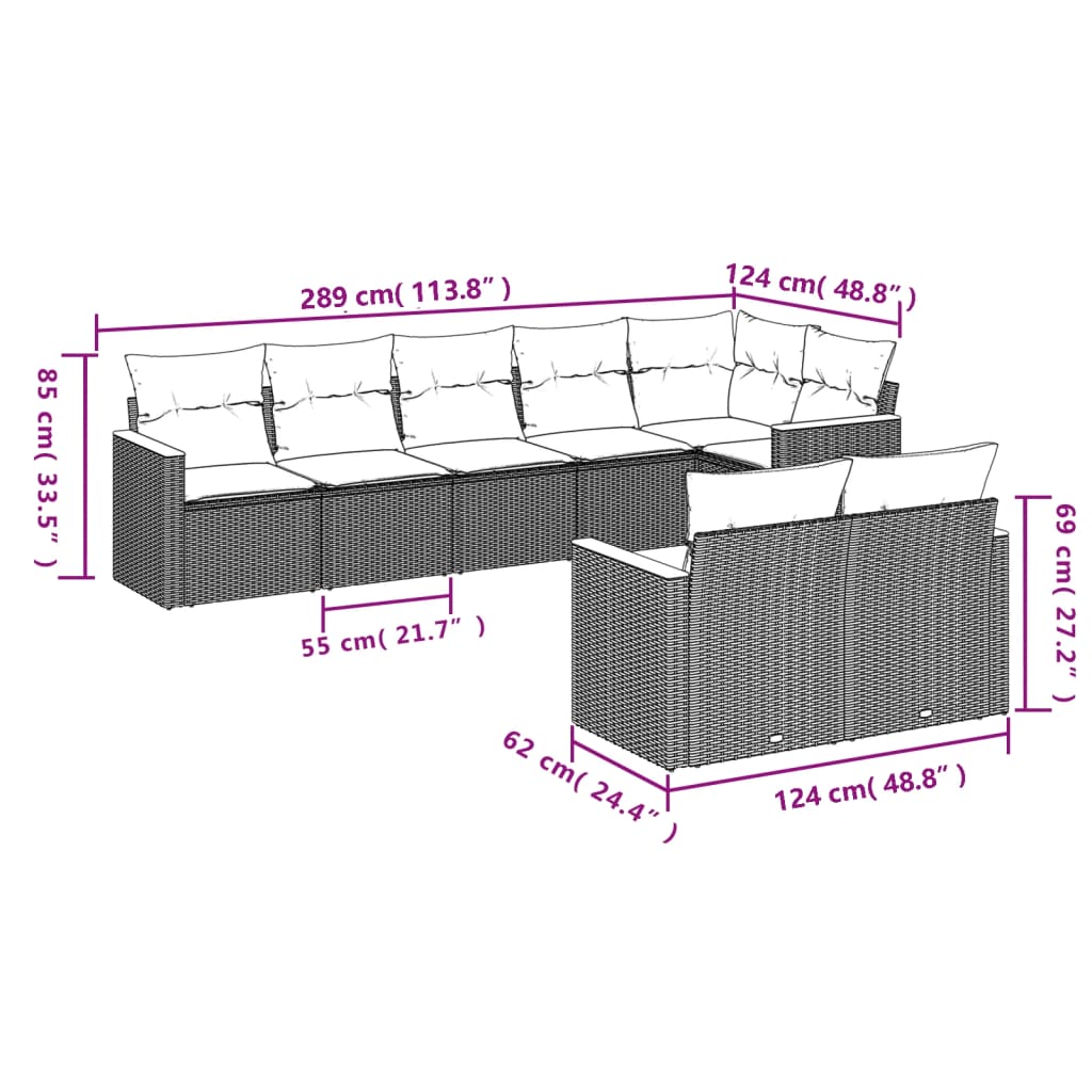 vidaXL 8-delige tuinbankset met kussens, zwart polyrotan