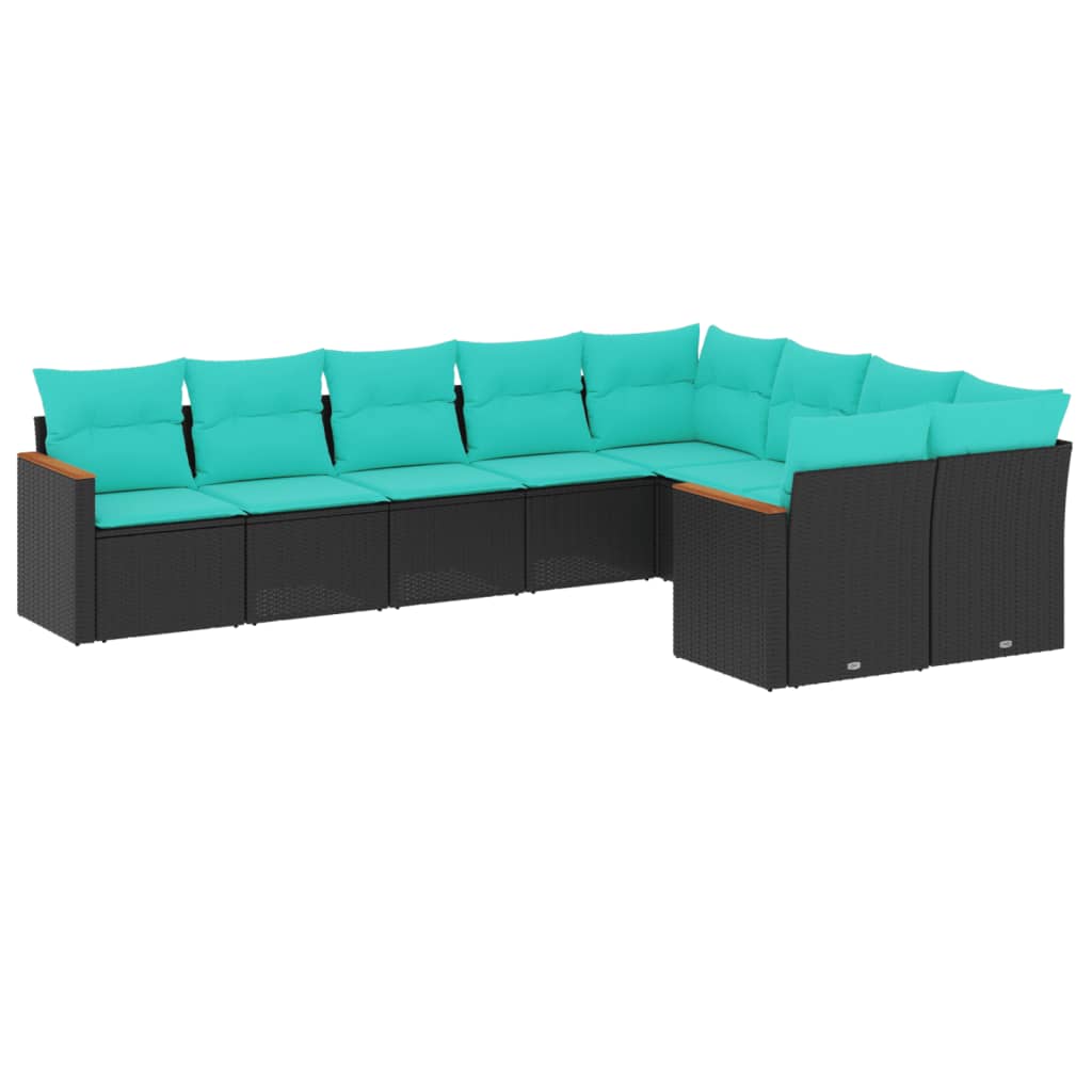 vidaXL 9-piece Garden Sofa Set with Cushions Black Poly Rattan