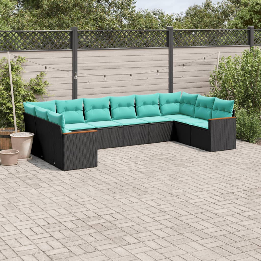 vidaXL ensemble de 10 banques de jardin avec coussins en polyrotan noir