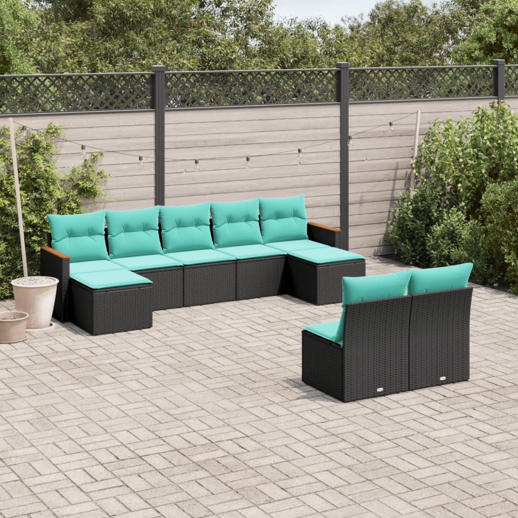vidaXL 9-delige tuinbankset met kussens van zwart polyrotan