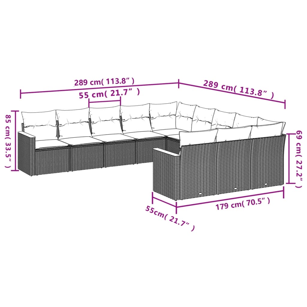 vidaXL 11-delige tuinbankset met kussens, zwart polyrotan