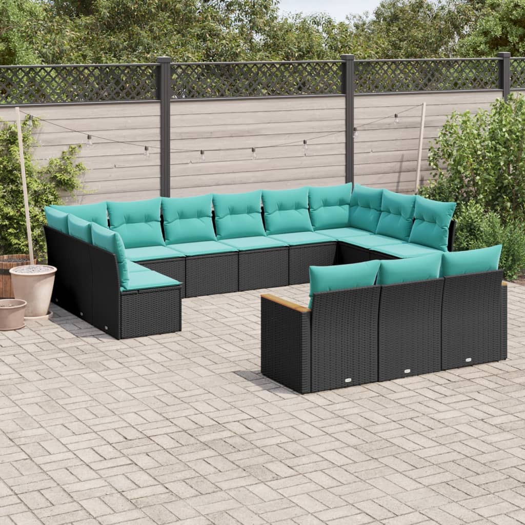 vidaXL 13-delige tuinbankset met kussens van zwart polyrotan