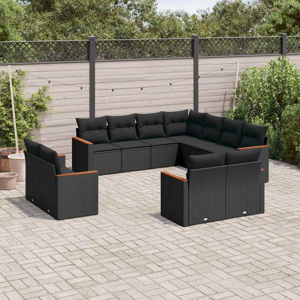 vidaXL 11-Piece Lounge Set with Cushions Poly Rattan Black
