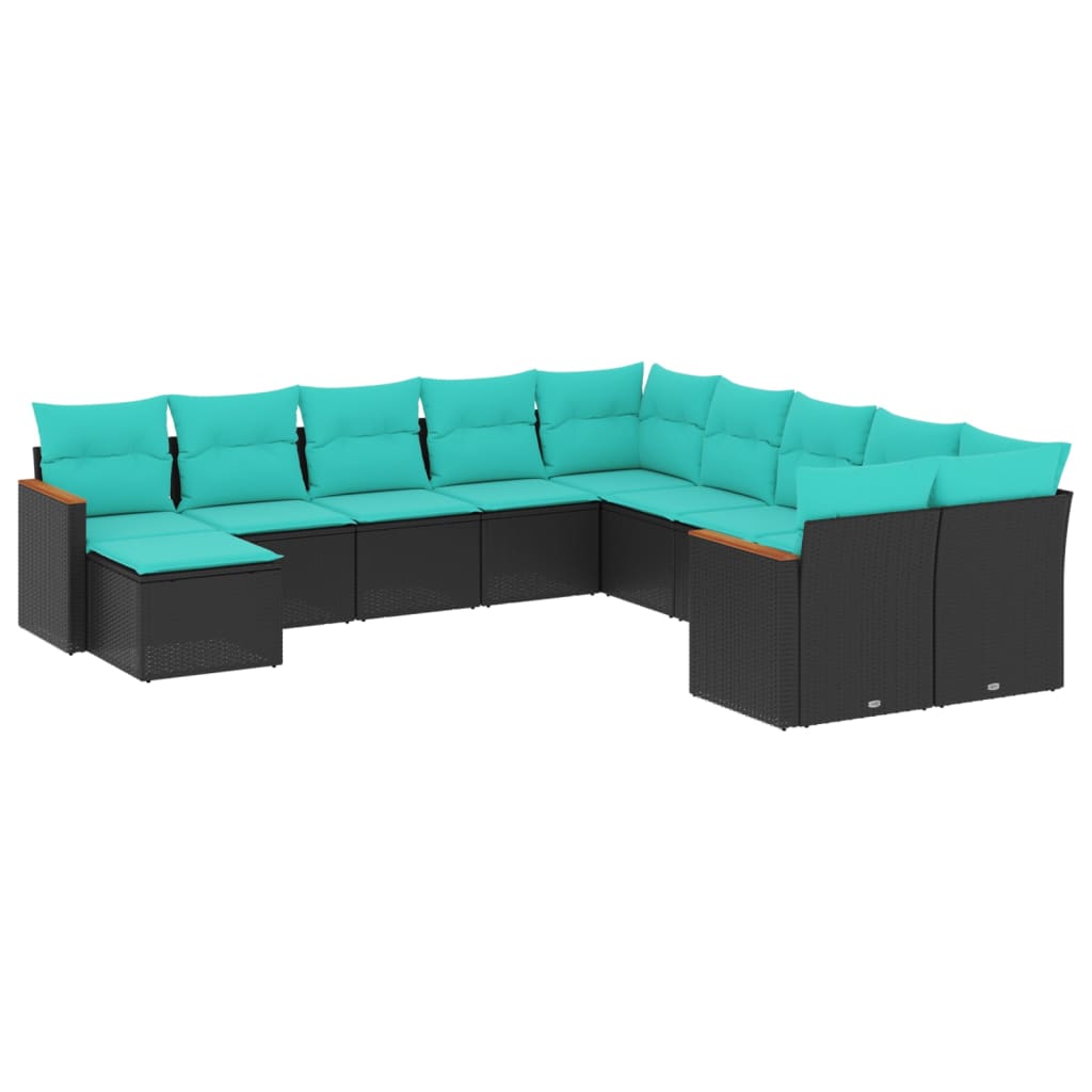 vidaXL 11-delige tuinbankset met kussens, zwart polyrotan