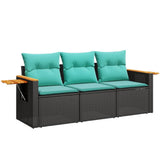 vidaXL 3-delige Loungeset met kussens poly rattan zwart