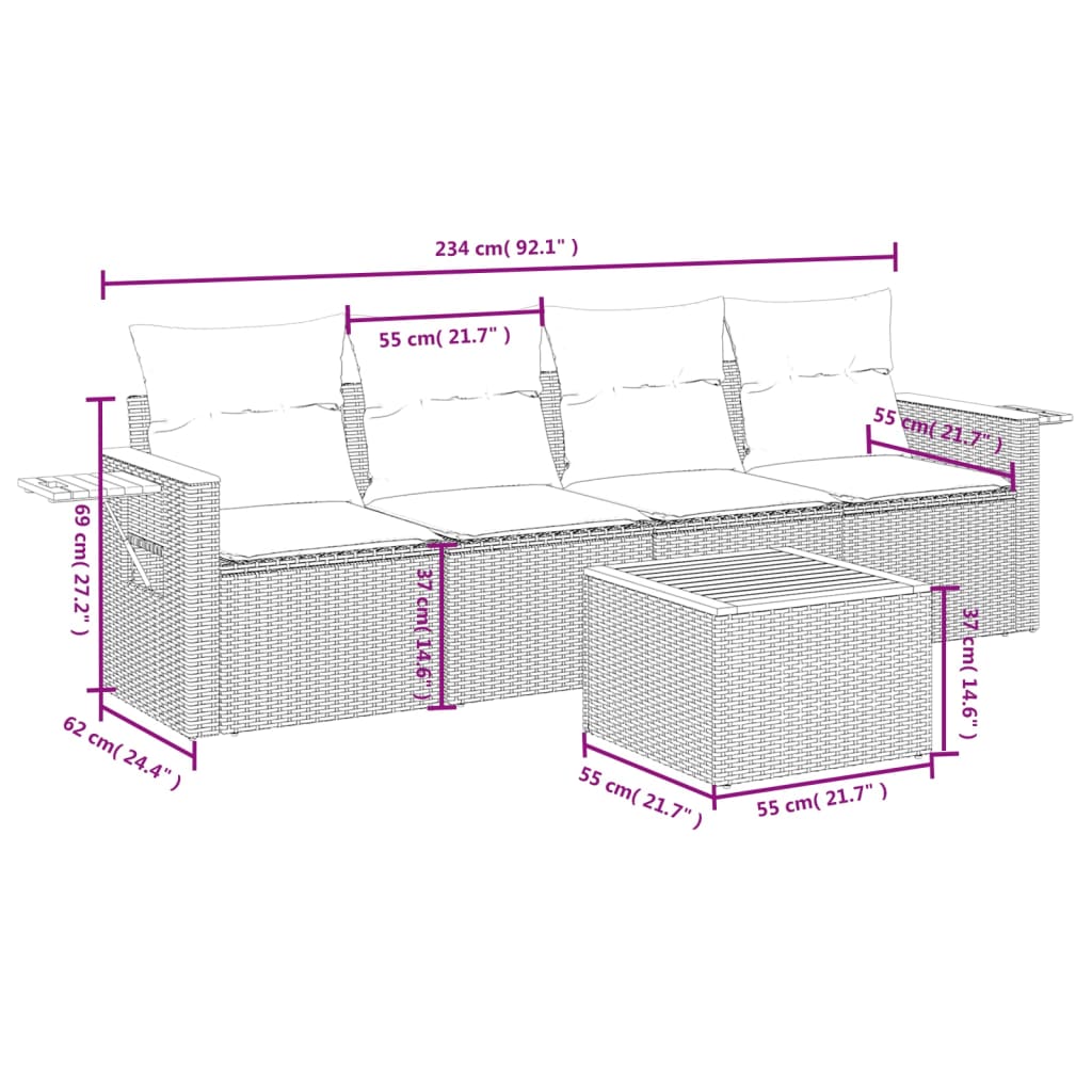 vidaXL 5-delige Loungeset met kussens poly rattan zwart