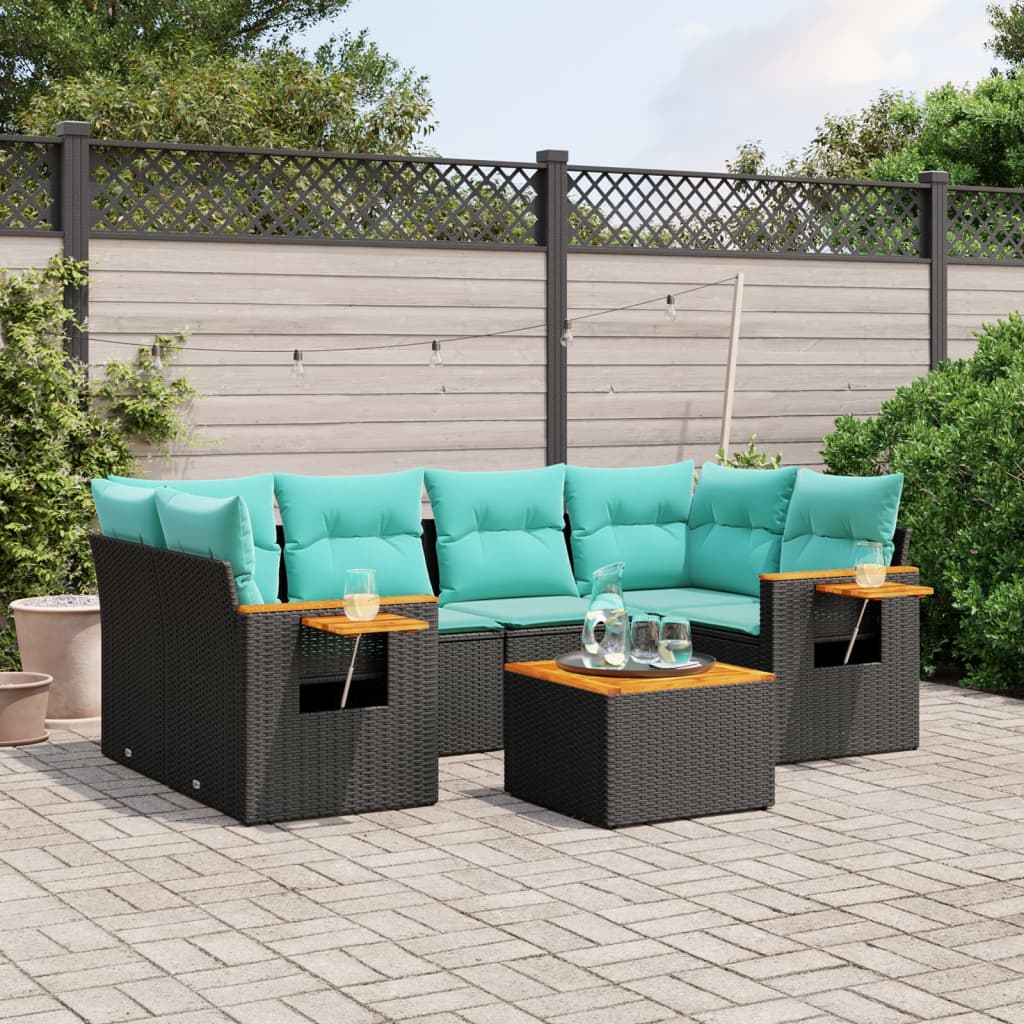 vidaXL 7-delige Loungeset met kussens poly rattan zwart