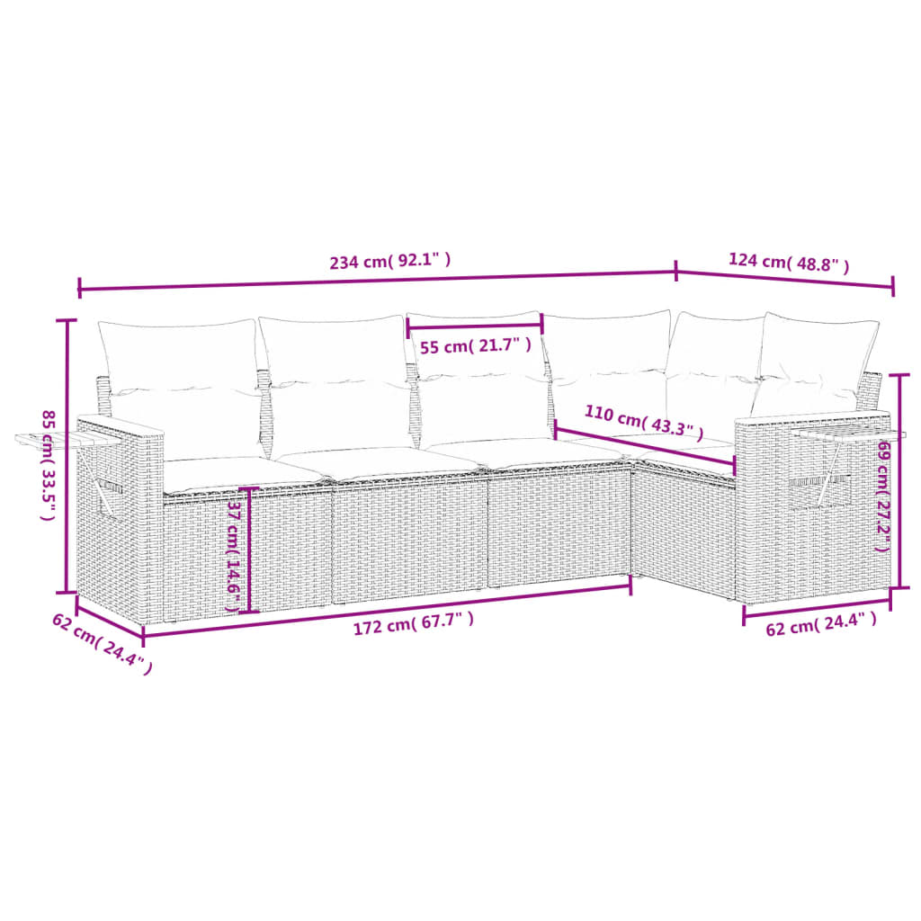 vidaXL 5-delige Loungeset met kussens poly rattan zwart