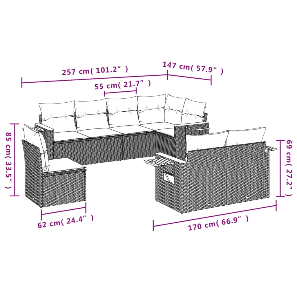 vidaXL 8-Piece Poly Rattan Lounge Set with Cushions Black