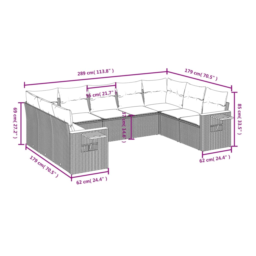 vidaXL 9-delige Loungeset met kussens poly rattan zwart
