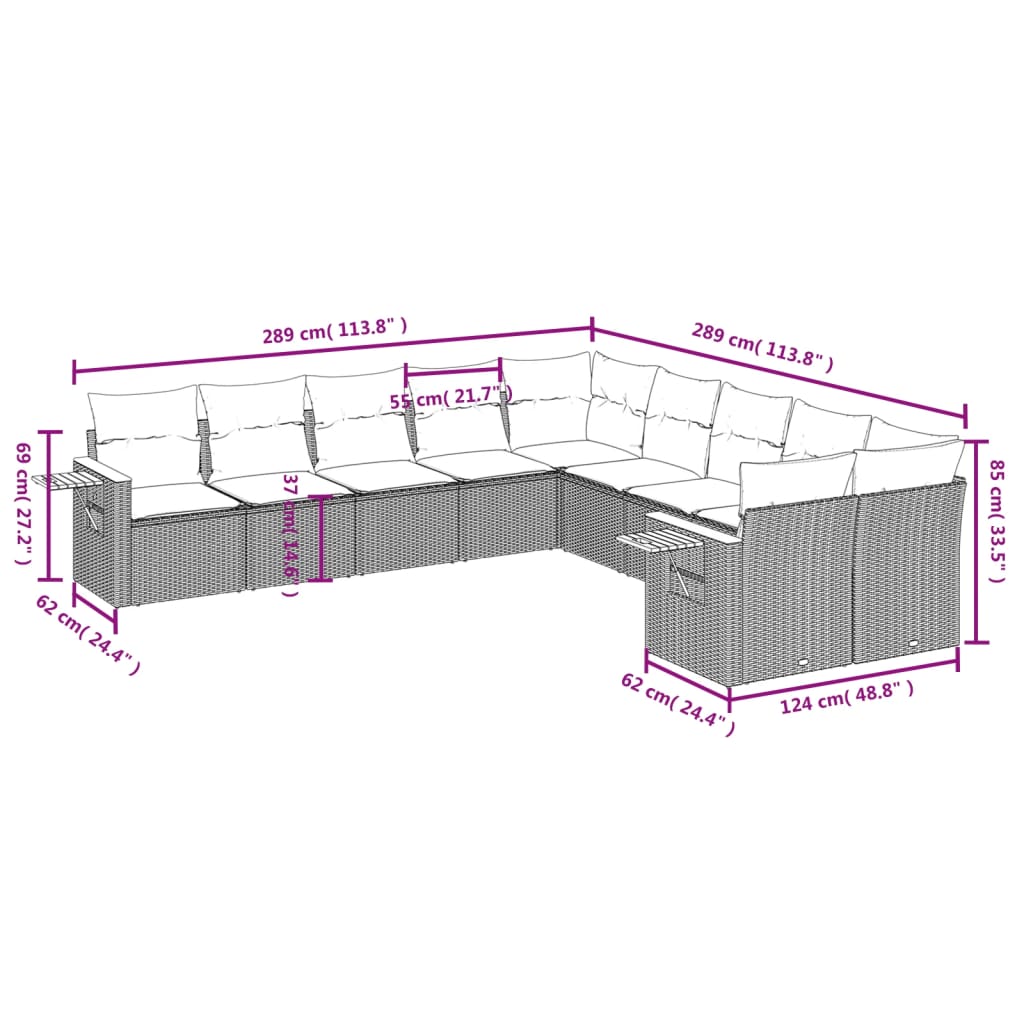 vidaXL 10-delige Loungeset met kussens poly rattan zwart