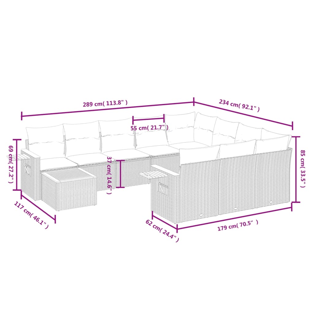 vidaXL 11-delige Loungeset met kussens poly rattan zwart
