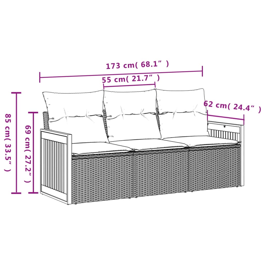 vidaXL 3-delige Loungeset met kussens poly rattan zwart