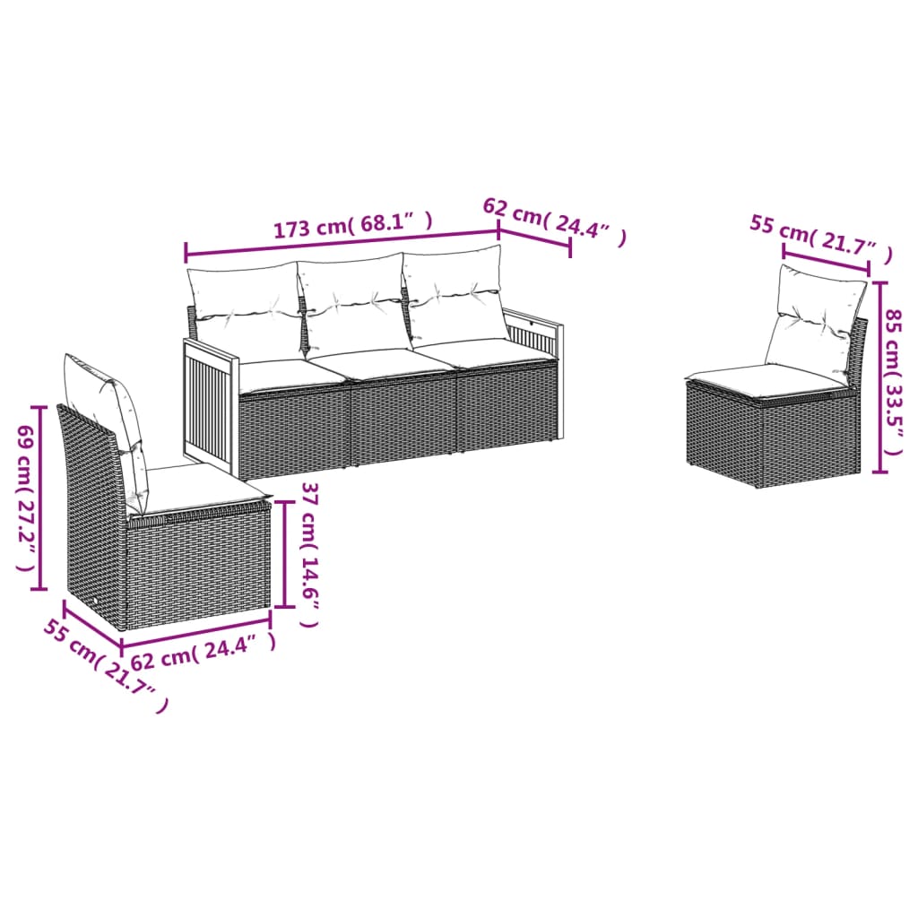 vidaXL ensemble de 5 banques de jardin avec coussins en polyrotan noir