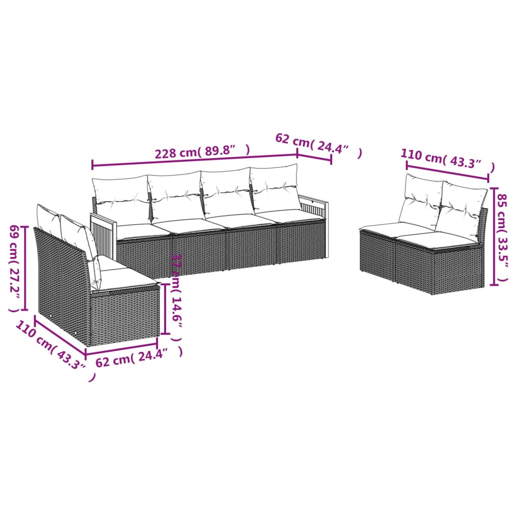 vidaXL Ensemble de 8 bancs de jardin avec coussins, noir polyrotan